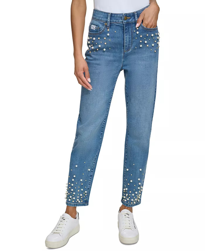 KARL LAGERFELD PARIS Women's Imitation Pearl Denim Jeans - Macy's | Macy's