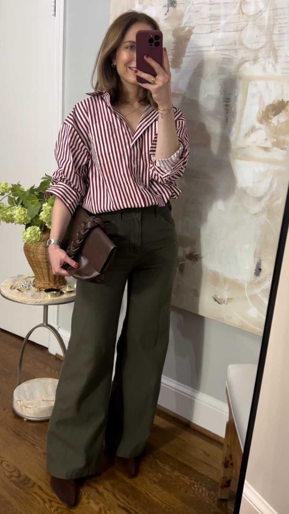 Olive green wide leg pants citizens of humanity
Burgundy striped shirt pistola 
Chocolate clutch Demellier old
Chocolate suede ankle boots STAUD 

Fall outfit idea 

#LTKstyletip #LTKshoecrush