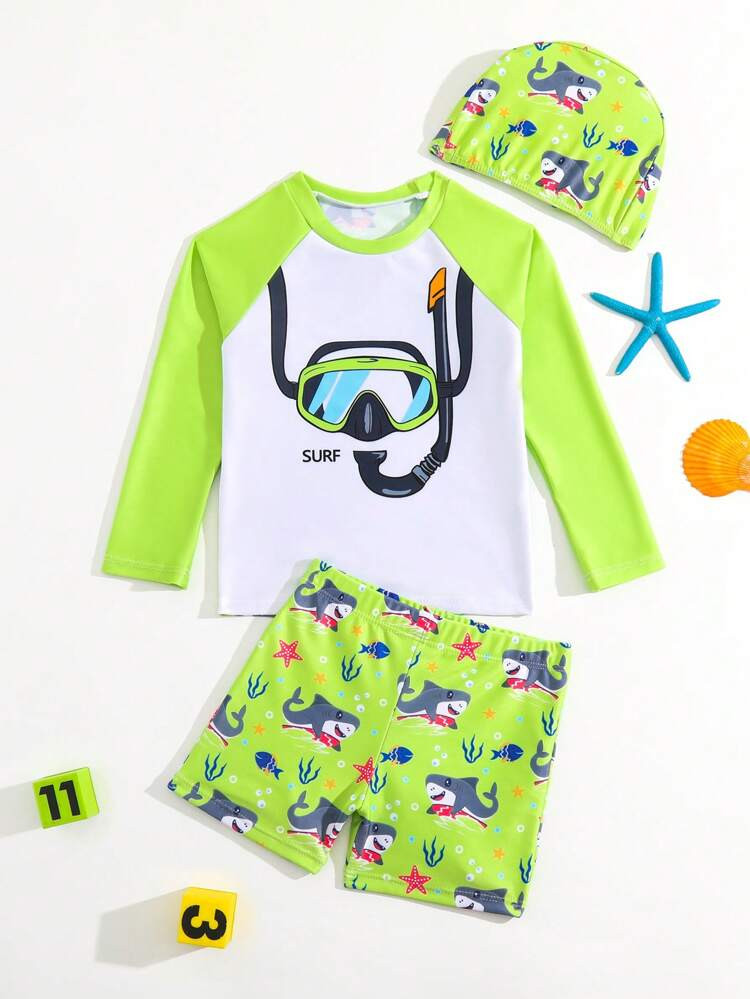 Toddler Boys Cartoon Graphic Beach Swimsuit With Swim Cap | SHEIN