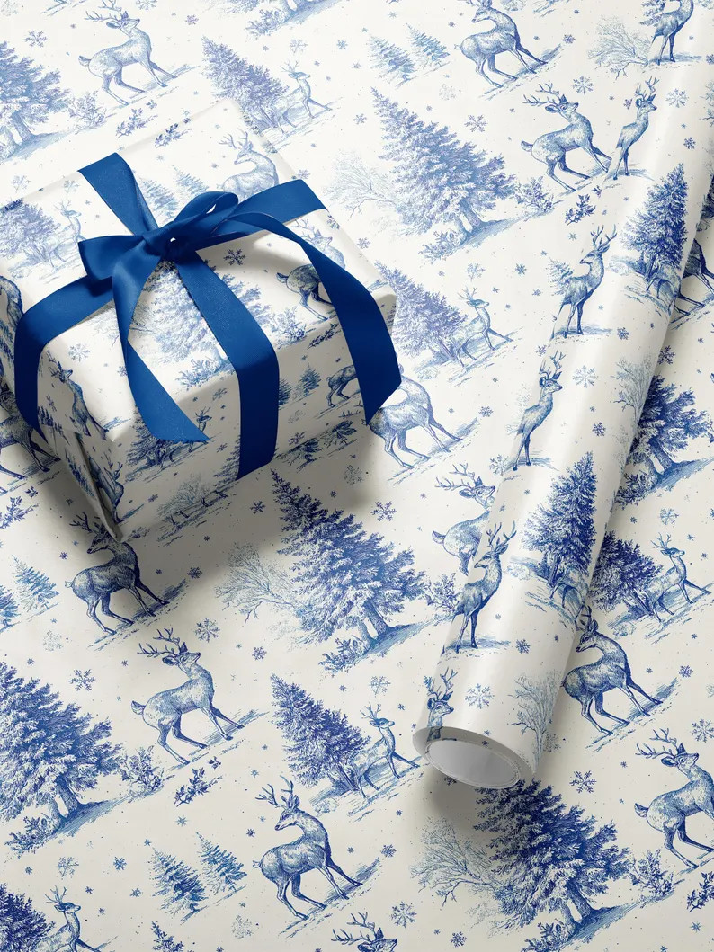 Blue Toile Deer Christmas Wrapping Paper, Winter Forest Holiday Gift Wrap, Vintage Paper Roll | Etsy (Global)