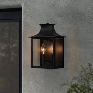 Emory Hills 13 in. 2-Light Matte Black Hardwired Outdoor Wall Light Lantern Sconce with No Bulbs ... | The Home Depot