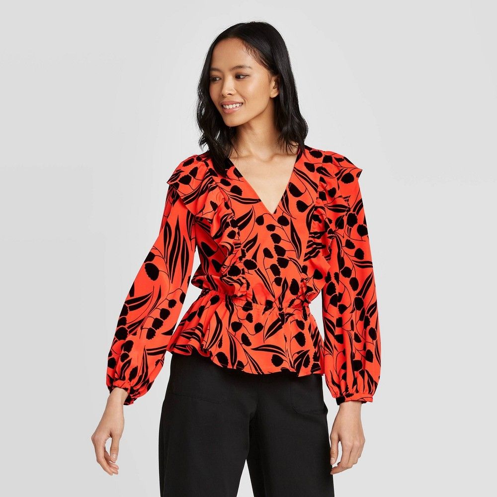 Women's Floral Print Long Sleeve Ruffle Blouse - Who What Wear Red XS | Target