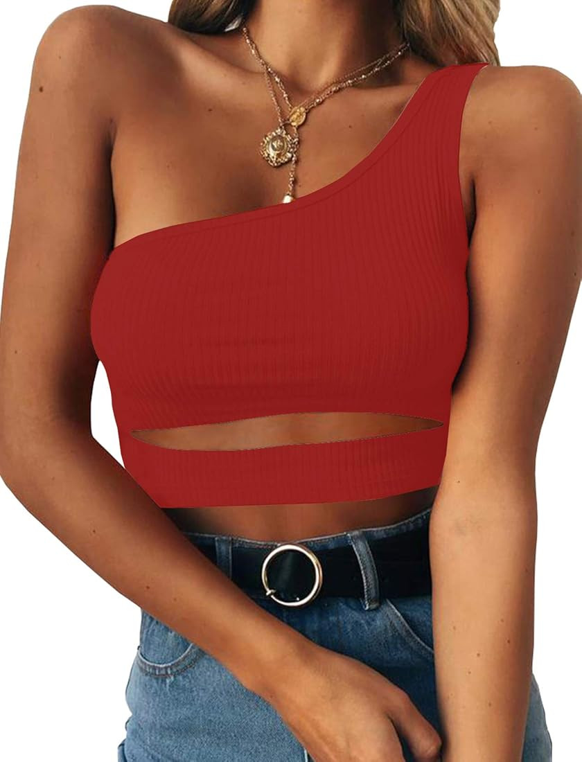 PRETTODAY Women's Sexy Cut Out Crop Tank Tops One Shoulder Sleeveless Strappy Tank Basic Slim Fit... | Amazon (US)