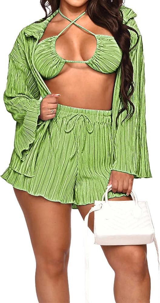 Qosmon 3 Piece Outfits For Women Candy Solid Color Bra And Wide Leg Pants With Cardigan Shirt Lon... | Amazon (US)