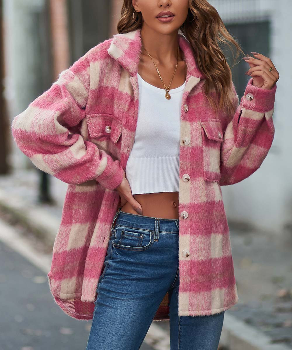 Danqi Women's Car Coats Pink - Pink Plaid Button-Up Shacket - Women | Zulily
