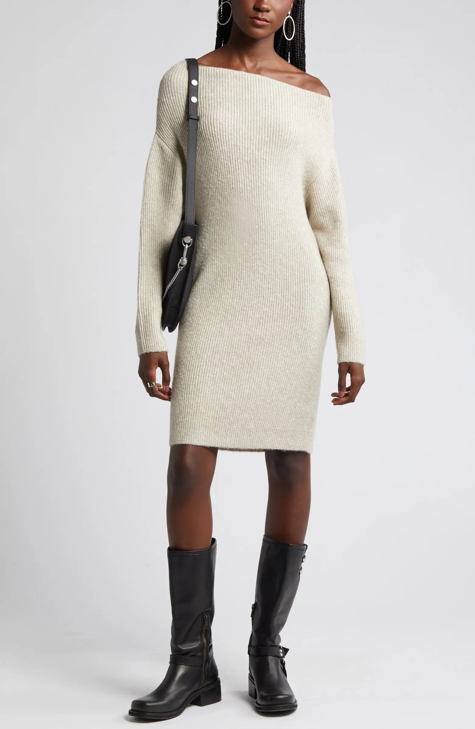 One-Shoulder Long Sleeve Rib Sweater Dress | Nordstrom