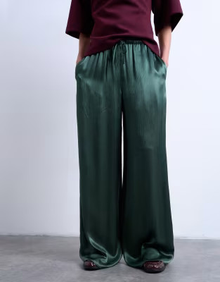 Topshop crinkle satin wide leg pants in green | ASOS (Global)
