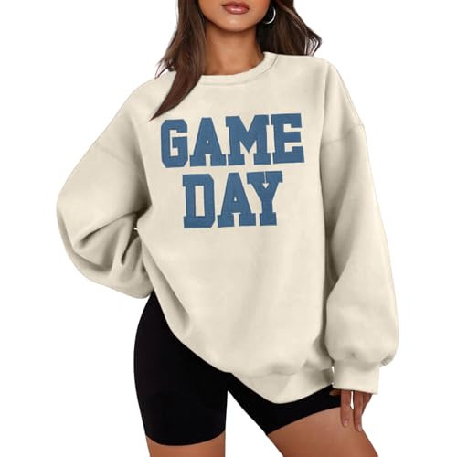 Women Game Day Sweatshirt, Football Sweatshirt Woman Sunday Football Fan Pullover Shirt Long Sleeve Casual Tops A-Beige | Amazon (US)