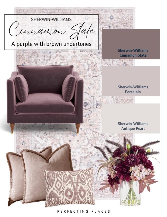 Muted purple with brown undertone is on trend for fall 2025. Style your room with these Sherwin-Williams paint colors (Cinnamon Slate, Porcelain, and Antique Pearl) and coordinating blush and lavender area rug, cozy accent chair, throw pillows and Pottery Barn floral arrangement 

#LTKHome #LTKSaleAlert #LTKStyleTip