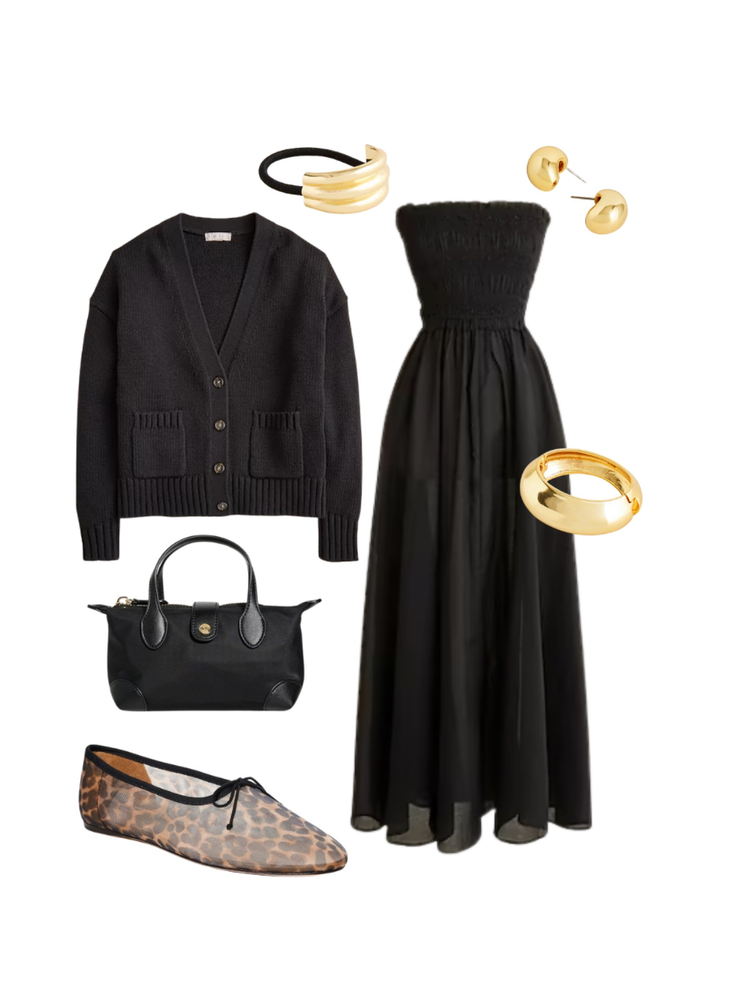 spring transition outfit idea ✨ black maxi dress, vacation dress, hair accessories, black small purse, black bag, mesh flats, leopard, gold jewelry, cardigan, black sweater 

#LTKShoeCrush #LTKFindsUnder100 #LTKSeasonal