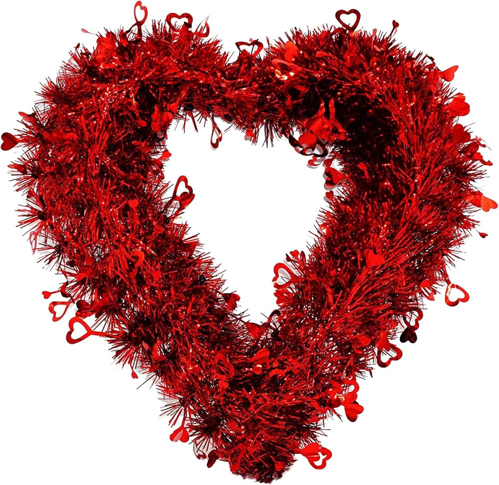 14" Valentines Wreath for Front Door, Tinsel Heart Wreath for Indoor Outdoor Decorations, Valenti... | Amazon (US)