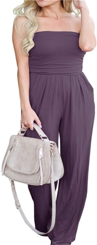 PRIMODA Women's Tube Top Strapless Off Shoulder Loose Wide Leg Jumpsuit Romper With Pockets | Amazon (US)