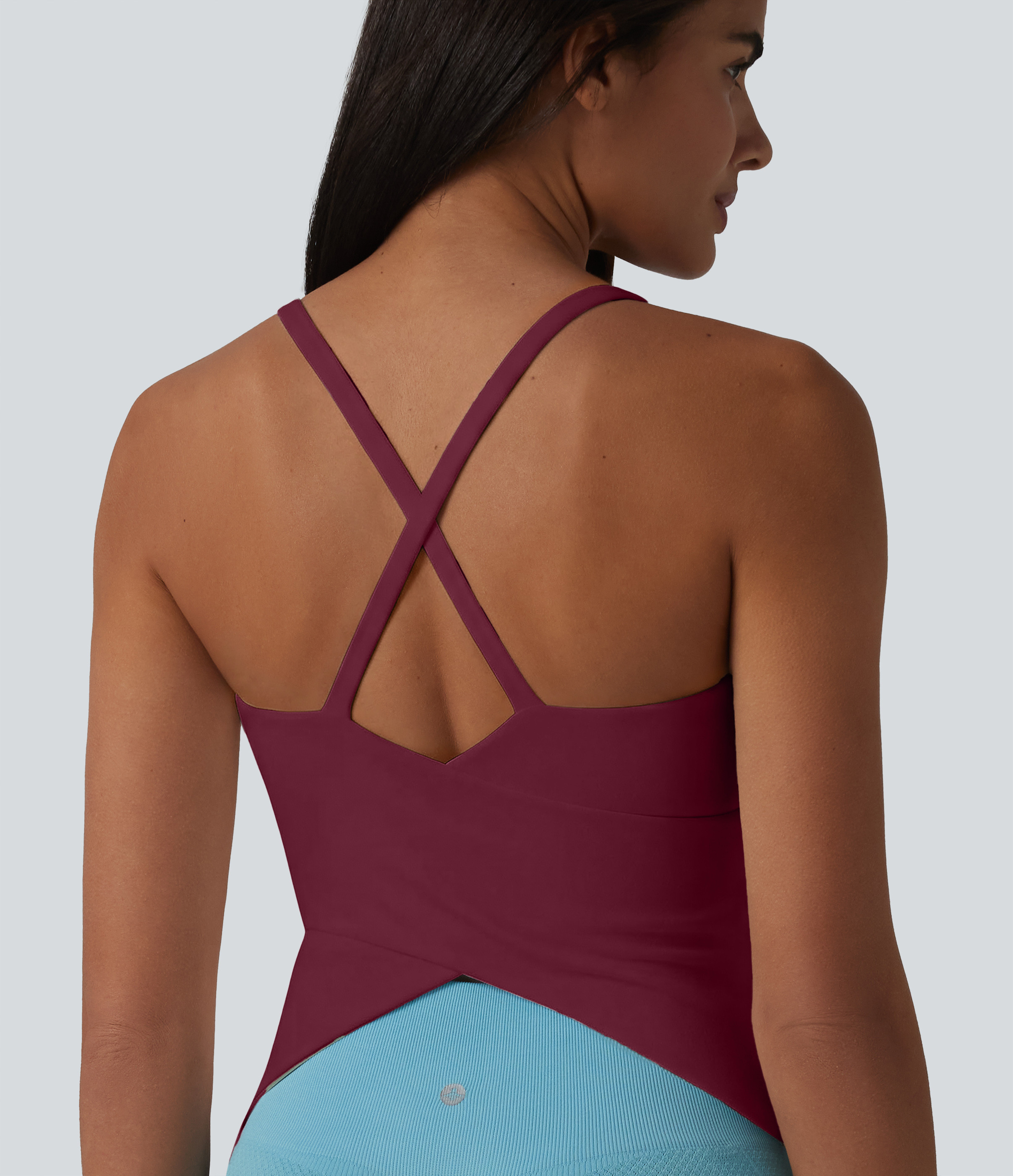 Halara Scoop Neck Crisscross Back Crossover Hem Built-in Bra Yoga Cami Top DD-F Cups Tank Top - Deep Wine - XS golf tops halter top | HALARA