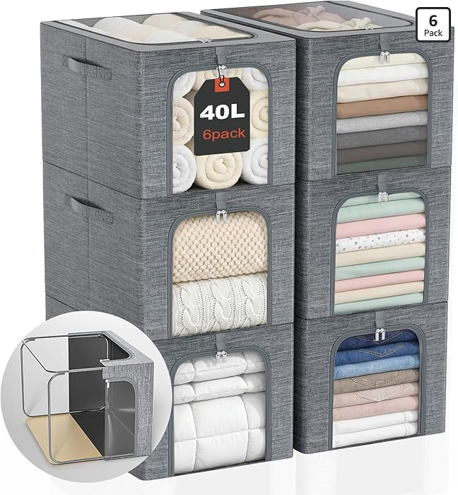 GoMaihe Clothes Storage Bin with Metal Frame: 6-Pack Stackable Closet Storage Bin with Lid & Clea... | Amazon (US)