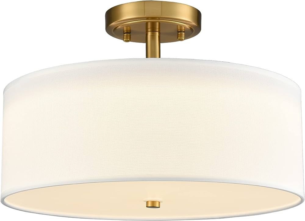 Dimmable Gold Semi Flush Mount Ceiling Light with Drum Shade Ceiling Light Fixture 30W 3000K/4500... | Amazon (US)