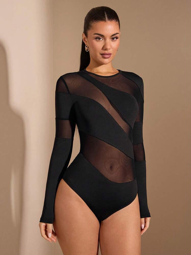 SHEIN BAE Spring&Summer Black Round Neck Sexy Mesh See-Through Hollow-Out Asymmetrical Bodysuit For Women,Halloween Clothes Women ,Halloween Costume | SHEIN