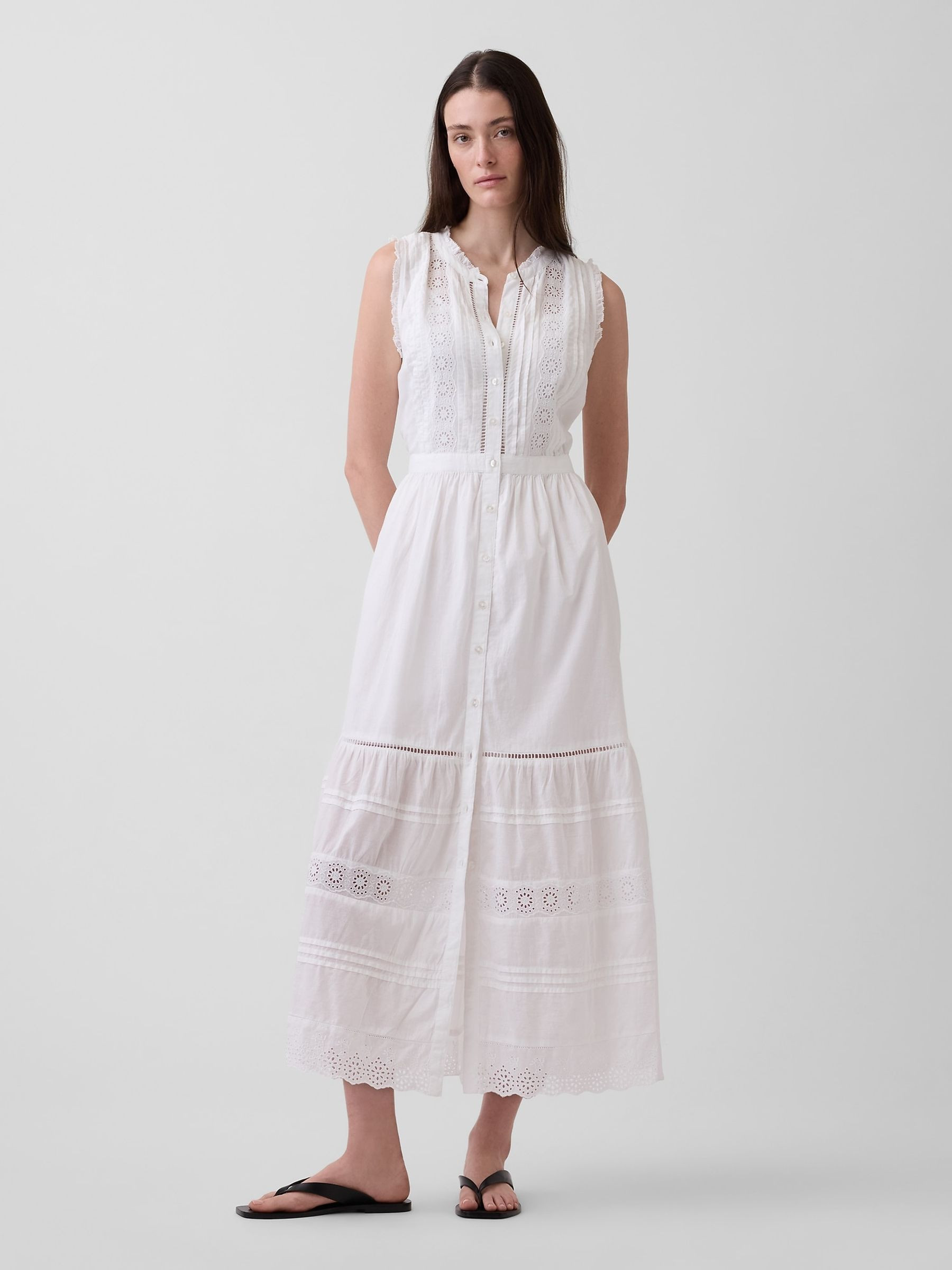 White Lace-Trim Tiered Midi Sleeveless Shirt Dress | Gap | GAP UK