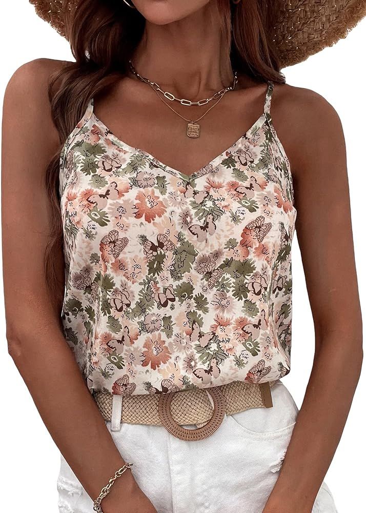 Cozyease Women's Floral & Butterfly Print Cami Top Boho Spaghetti Strap Sleeveless V Neck Vest To... | Amazon (US)