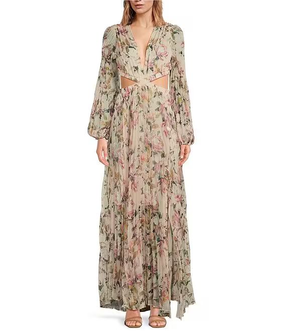 ASTR The Label Revery Floral Print V-Neck Long Sleeve Side Cut-Out Thigh High Slit Pleated Maxi D... | Dillard's
