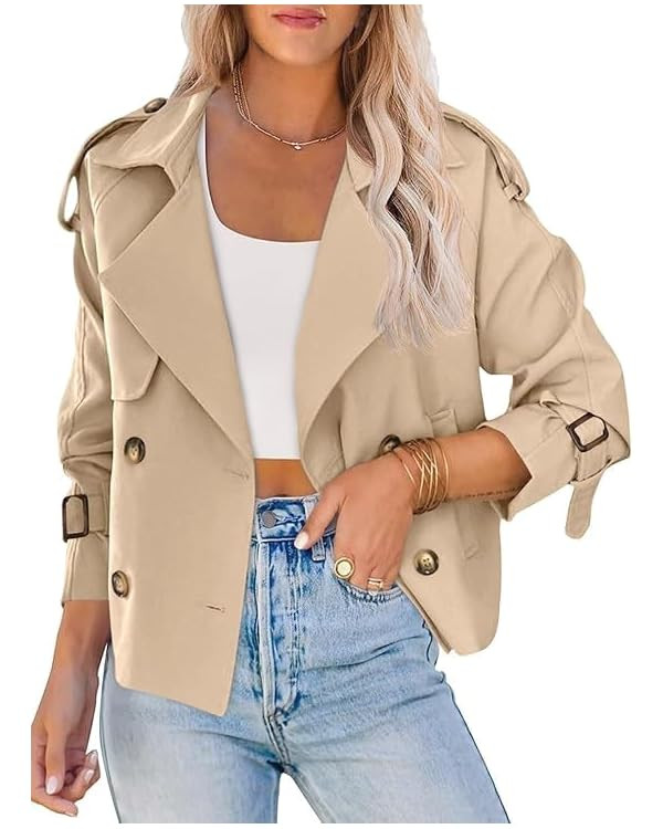 utcoco Women's Cropped Trench Coat Double-Breasted Short Trench Jacket Notch Long Sleeve Fall Out... | Amazon (CA)
