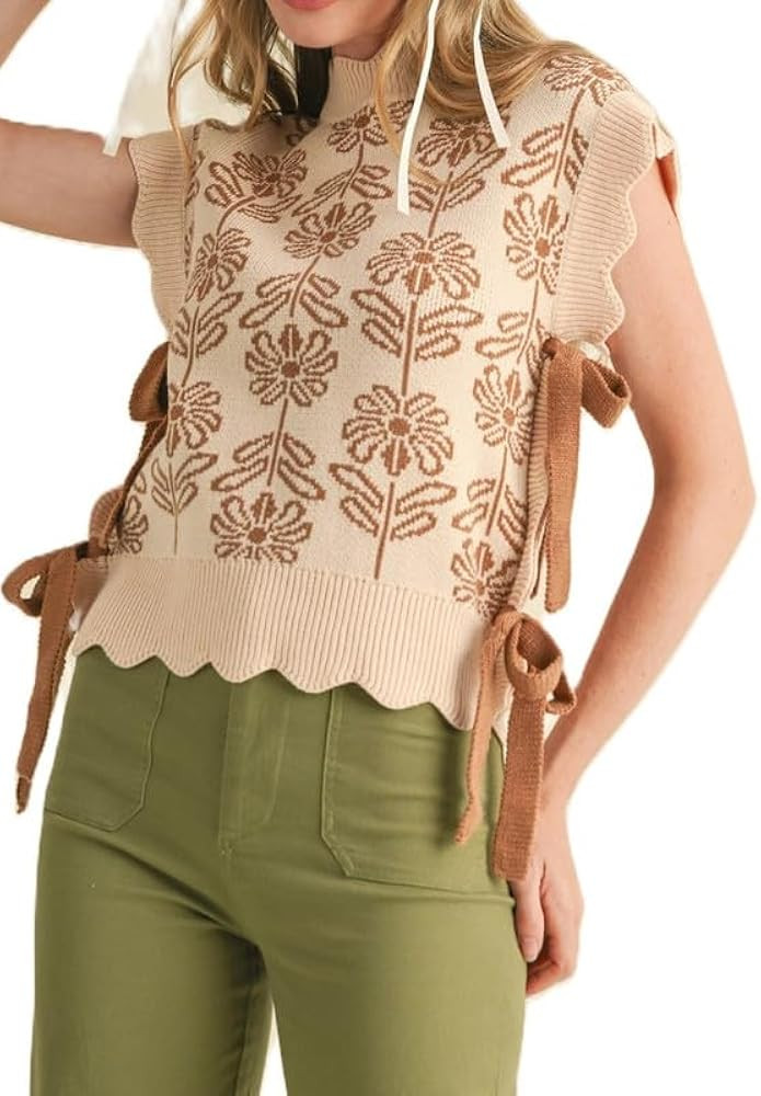 NUFIWI Womens Y2K Ribbon Bow Sweater Vest Chunky Cap Sleeve Knit Vest with Bows Casual Lace Up Ba... | Amazon (US)