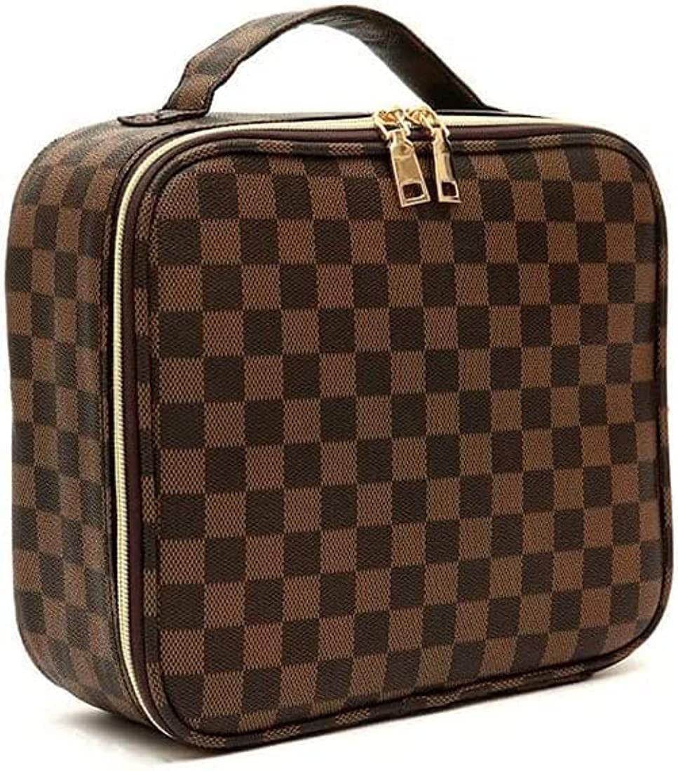 CHICREEN Brown Checkered Makeup Bag Large Travel Cosmetic Bag Organizer - Big Makeup Pouch Bag wi... | Amazon (US)