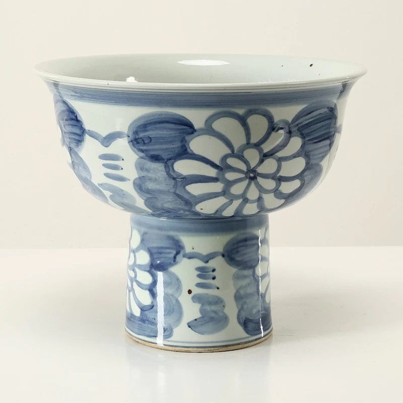 Hand Painted Blue and White Pedestal Bowl-16" W x13"H | Overstock