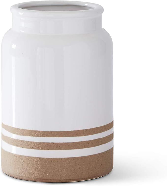 K&K Interiors 17508B-2 8.75 Inch White with Tan Stripes Ceramic Vase, White & Tan | Amazon (US)