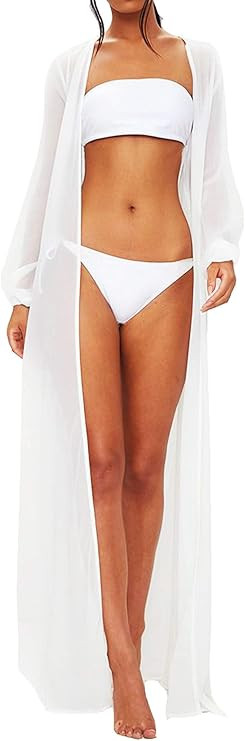 Just Quella Women's Chiffon Long Kimonos Maxi Cover Ups with Belt | Amazon (US)