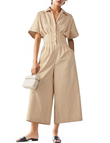 Lenader Women's Dressy Casual Loose Jumpsuits One Piece Striped Short Sleeve Button Down Shirt Wide Leg Rompers Summer Outfit | Amazon (US)