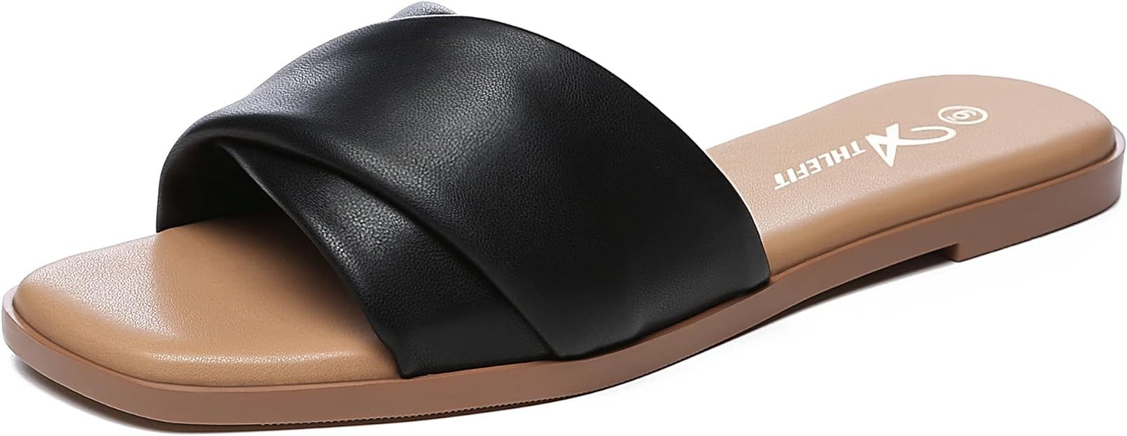 Athlefit Women's Summer Flat Sandals Slip On Square Toe Soft Leather Slide Sandals | Amazon (US)