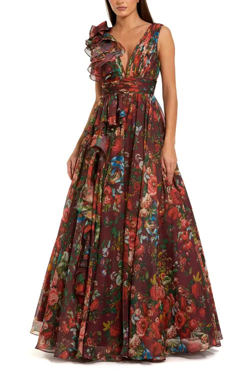 Mac Duggal Floral Print Ballgown with Ruffle Shoulder and Plunging V-Neck in Wine Multi at Nordstrom, Size 0 | Nordstrom