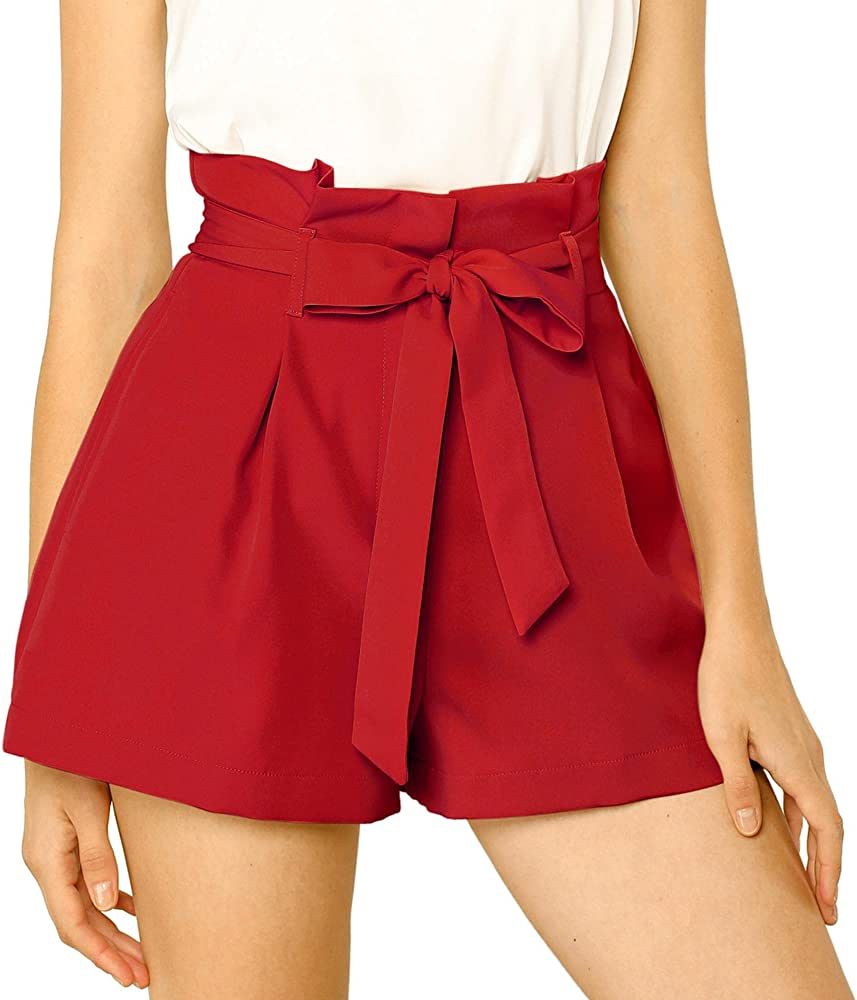Allegra K Women's Bow Tie High Waist Short Paper Bag Shorts | Amazon (US)