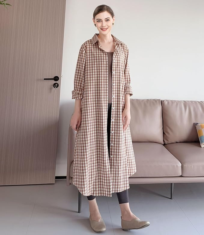 Minibee Women's Plaid Shirts Dress Button Down Long Sleeve Cotton Casual Blouses Dresses with Poc... | Amazon (US)