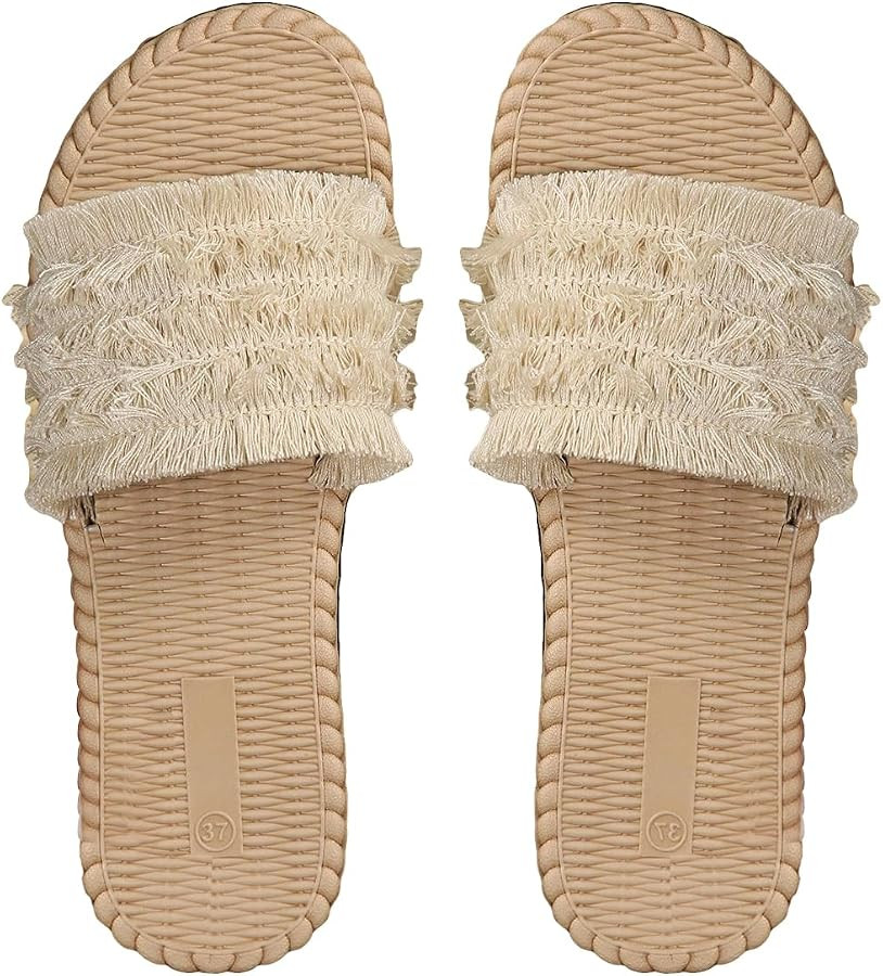 OYOANGLE Women's Boho Fringe Trim Open Toe Slide Sandals Single Band Casual Flat Sandals | Amazon (US)