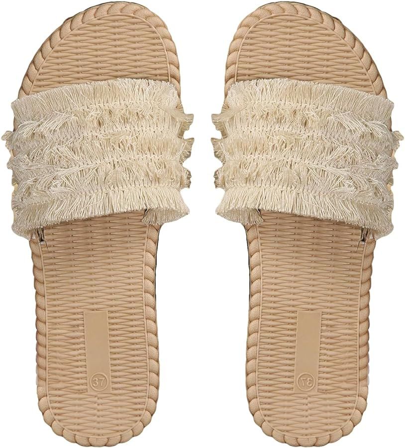 OYOANGLE Women's Boho Fringe Trim Open Toe Slide Sandals Single Band Casual Flat Sandals | Amazon (US)