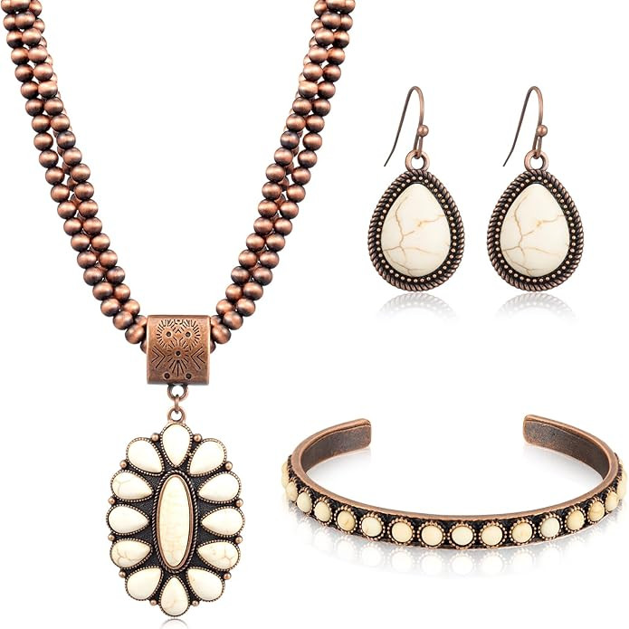 Quelay Rustic Western Jewelry for Women Cowgirl Jewelry Set Turquoise Necklace Earrings Cuff Bang... | Amazon (US)