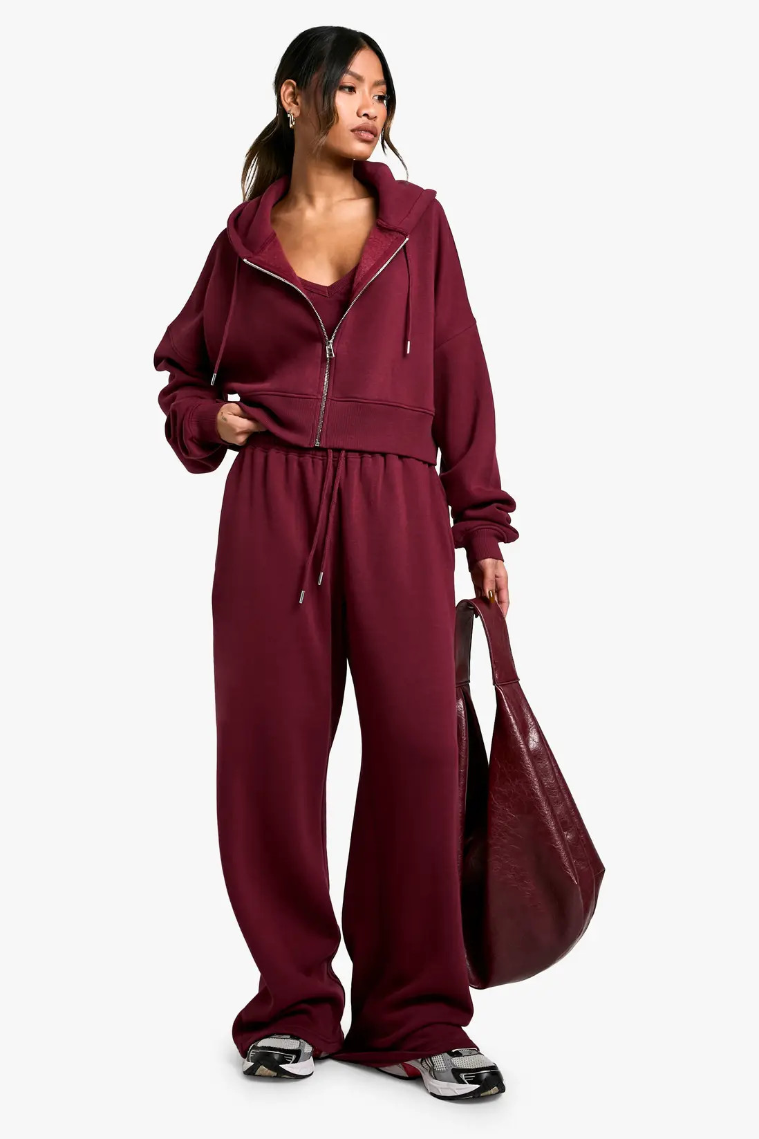Ribbed V Neck Top 3 Piece Hooded Tracksuit | boohoo (US & Canada)