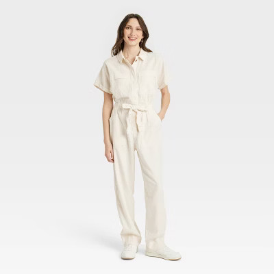 Women's Short Sleeve Linen Boilersuit - Universal Thread™ Cream 0 | Target