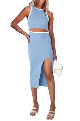 PRETTYGARDEN Women's Summer Midi Bodycon Dresses Casual Crew Neck Side Slit Sleeveless Knit Cut Out Tank Top Dress (Z-Light Blue,X-Large) | Amazon (US)