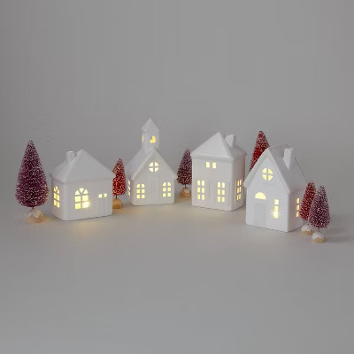 10pc Battery Operated Decorative Ceramic Christmas Village Kit White with Blush Trees - Wondersho... | Target