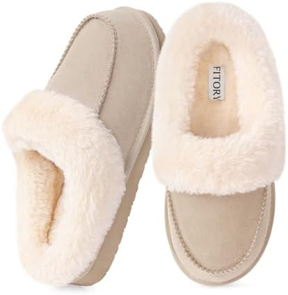 FITORY Women's Suede Slipper, Flat Slip On House Shoes with Faux Fur Lining Indoor Outdoor Short ... | Amazon (US)