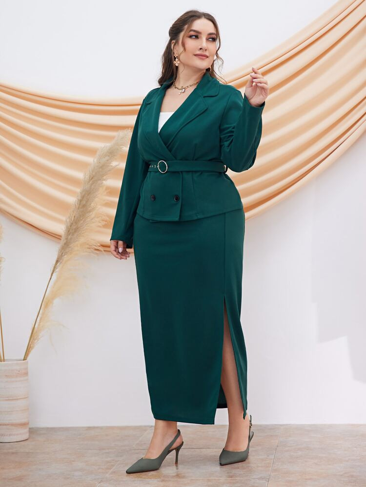 Plus Double Breasted Belted Blazer & Split Thigh Skirt | SHEIN