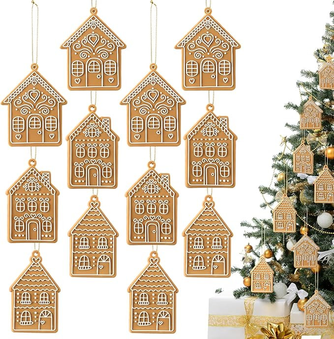 Pinkunn 12 Pcs Christmas Gingerbread House Ornament 3.2'' Christmas Tree Hanging Decorations Soft... | Amazon (US)