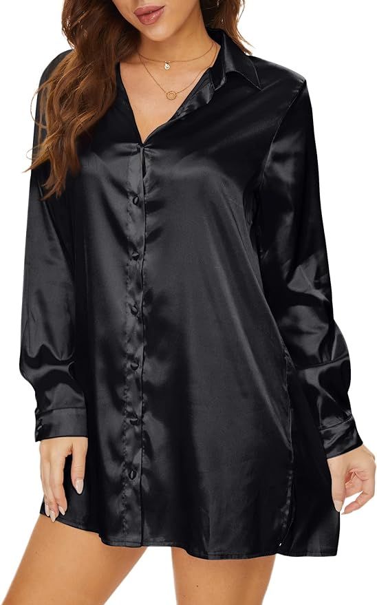 Satin Shirt Mini Dress for Women Long Sleeve Button Down Dresses Relaxed Fit with Side Splits | Amazon (US)