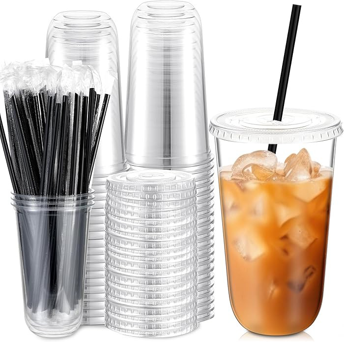 50 Set 18 oz Clear Plastic Cups with Lids and Straws, Disposable Iced Coffee PET Cups for Drinkin... | Amazon (US)
