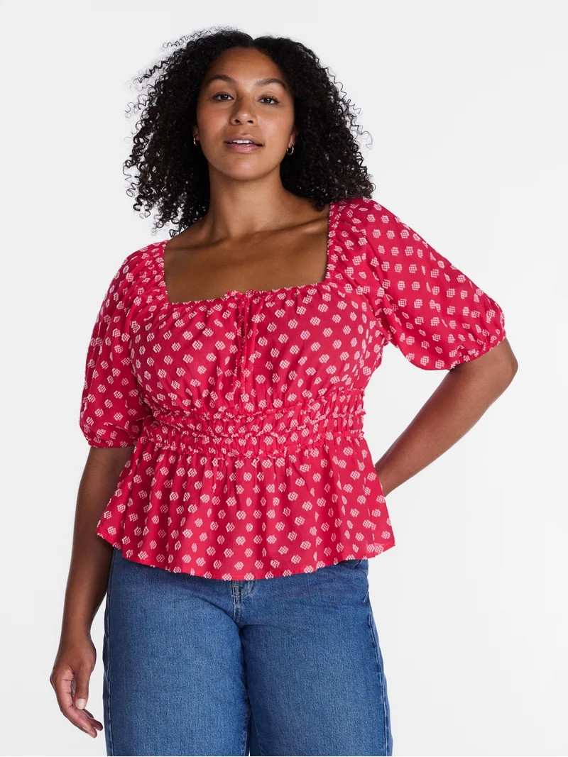 Time and Tru Women's Puff Sleeve Square Neck Top, Sizes XS-XXXL | Walmart (US)