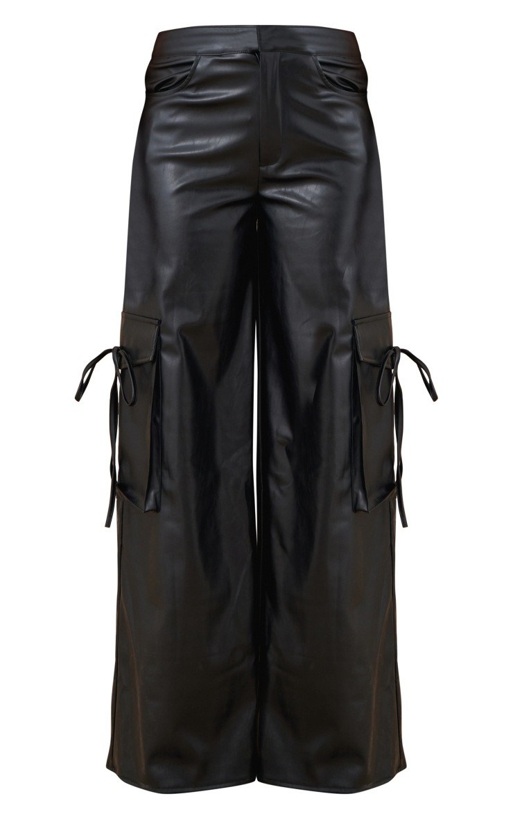 Black Faux Leather Wide Leg Cargo Trousers | PrettyLittleThing UK