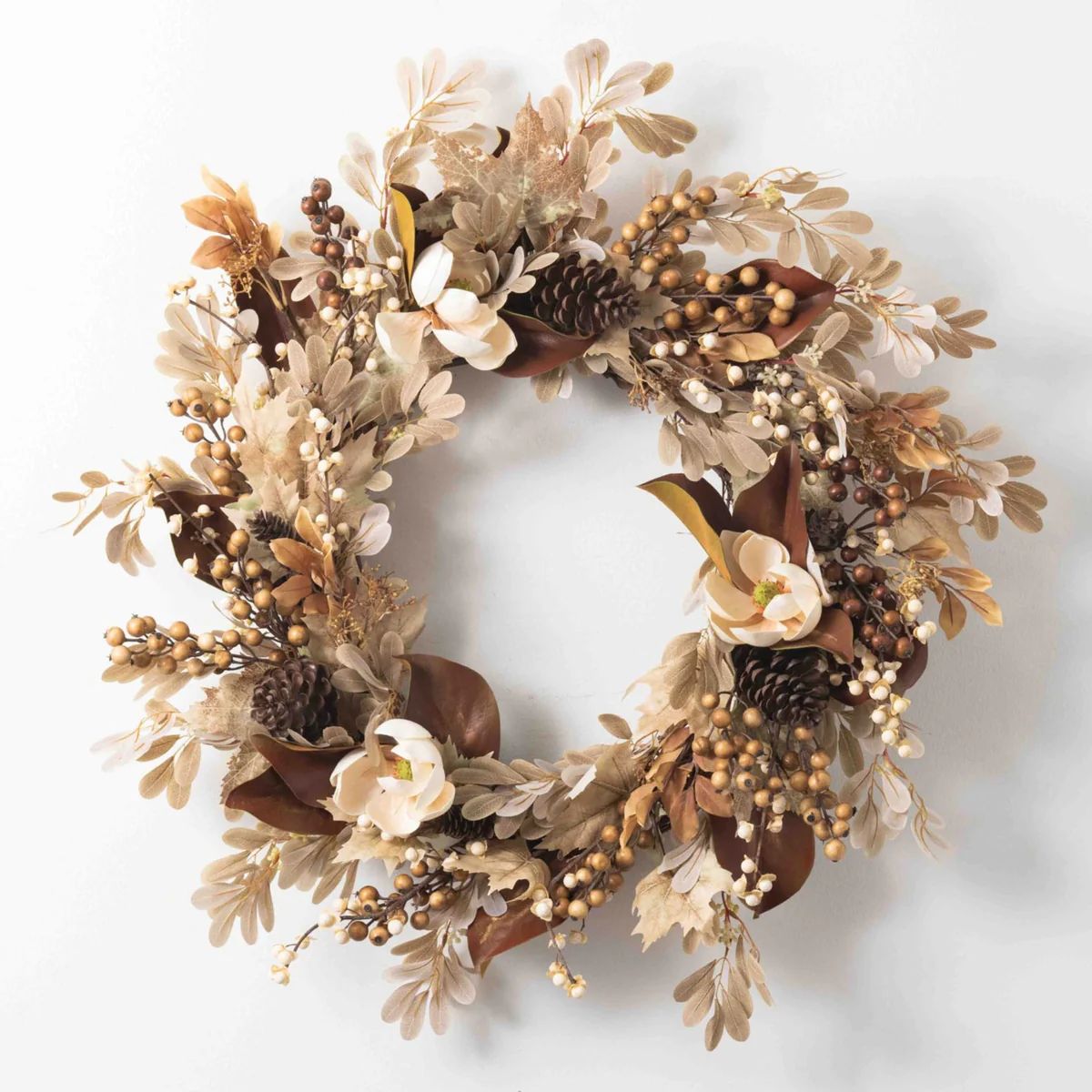 Autumn Latte - Cream Magnolia & Brown Pinecone Maple Leaf with Berry Front Door Fall Wreath | Darby Creek Trading