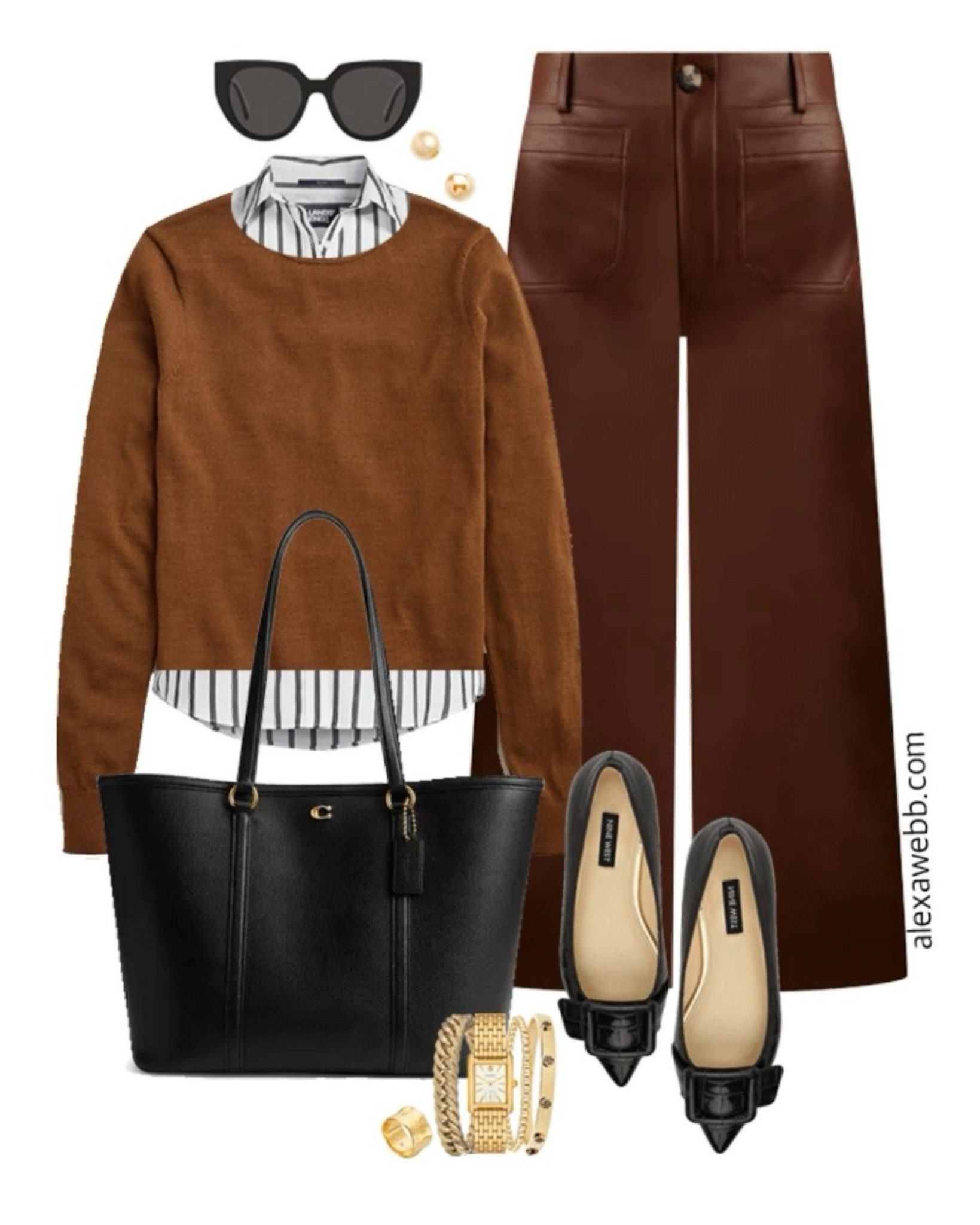 Plus size fall business casual work capsule wardrobe with a striped shirt, brown sweater, faux leather cropped pants and black flats. Alexa Webb 

#LTKPlusSize #LTKStyleTip #LTKWorkwear